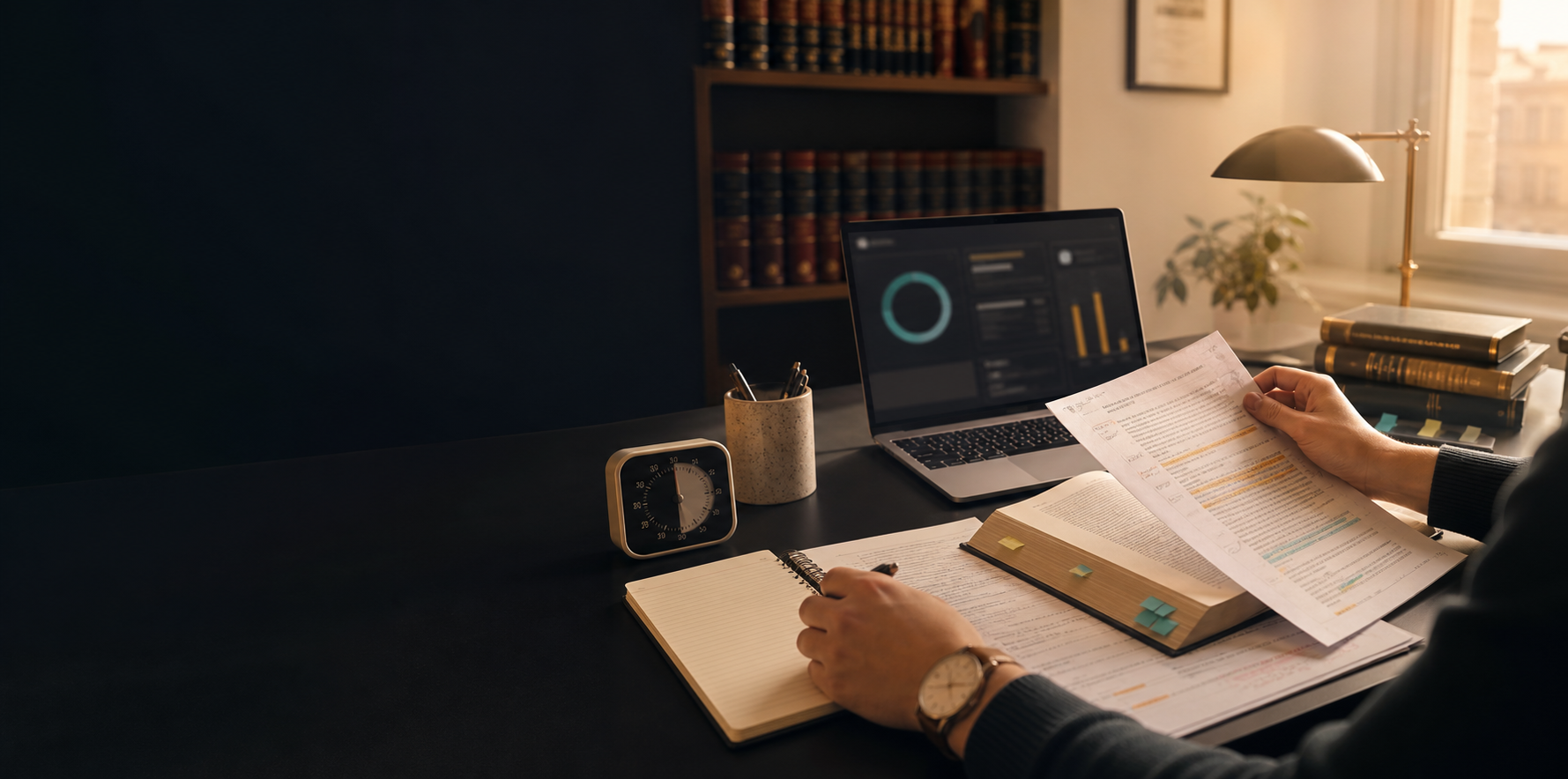 Mesa de estudio con textos legales, notas y panel de seguimiento